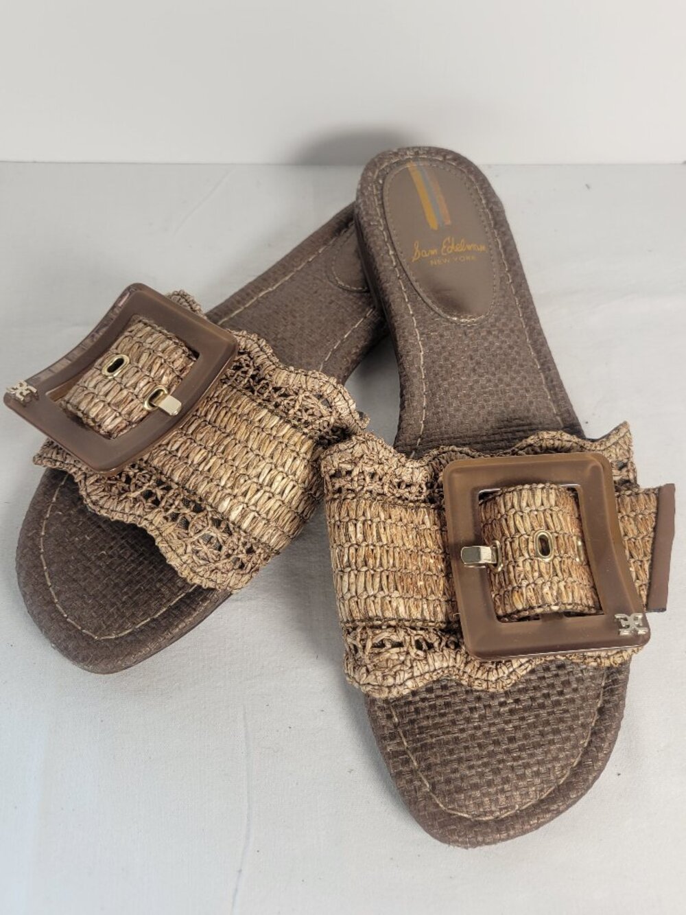 Sam Edelman Bambi Raffia Buckle Slide Sandals Brown Women's 8M